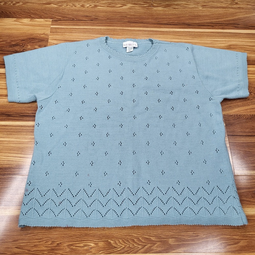 Vintage Sue Brett Granny Knit Shirt Women's Size Large Easter Cottagecore‎ Blue